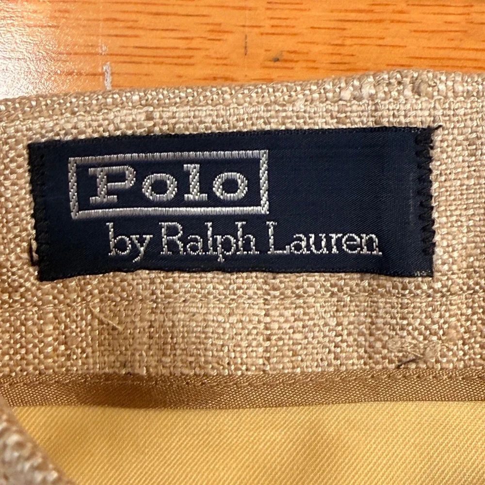 VTG‎ Polo Ralph Lauren Mens Beige Textured Linen Pleated Cuffed Trousers 30x28